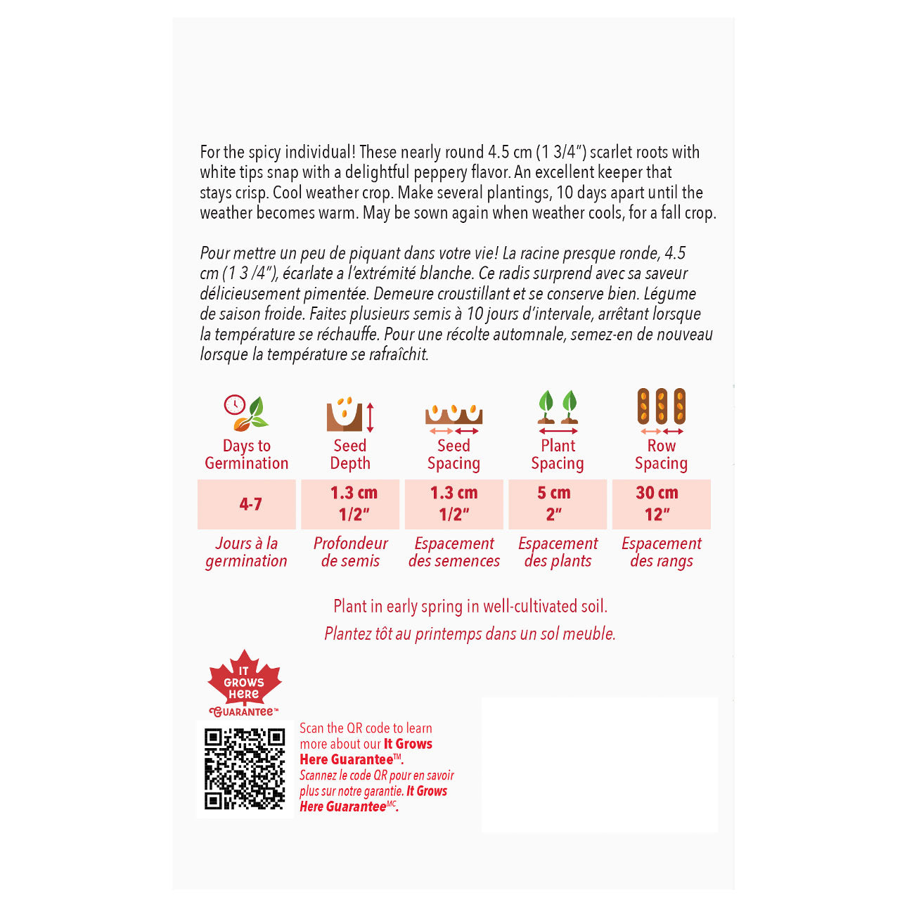 Seed packet with planting instructions and product details on a white background