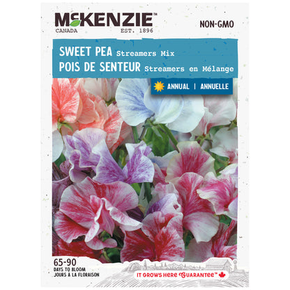 Sweet pea seed packet with pink, white, and purple flowers on a McKenzie Canada branded background.