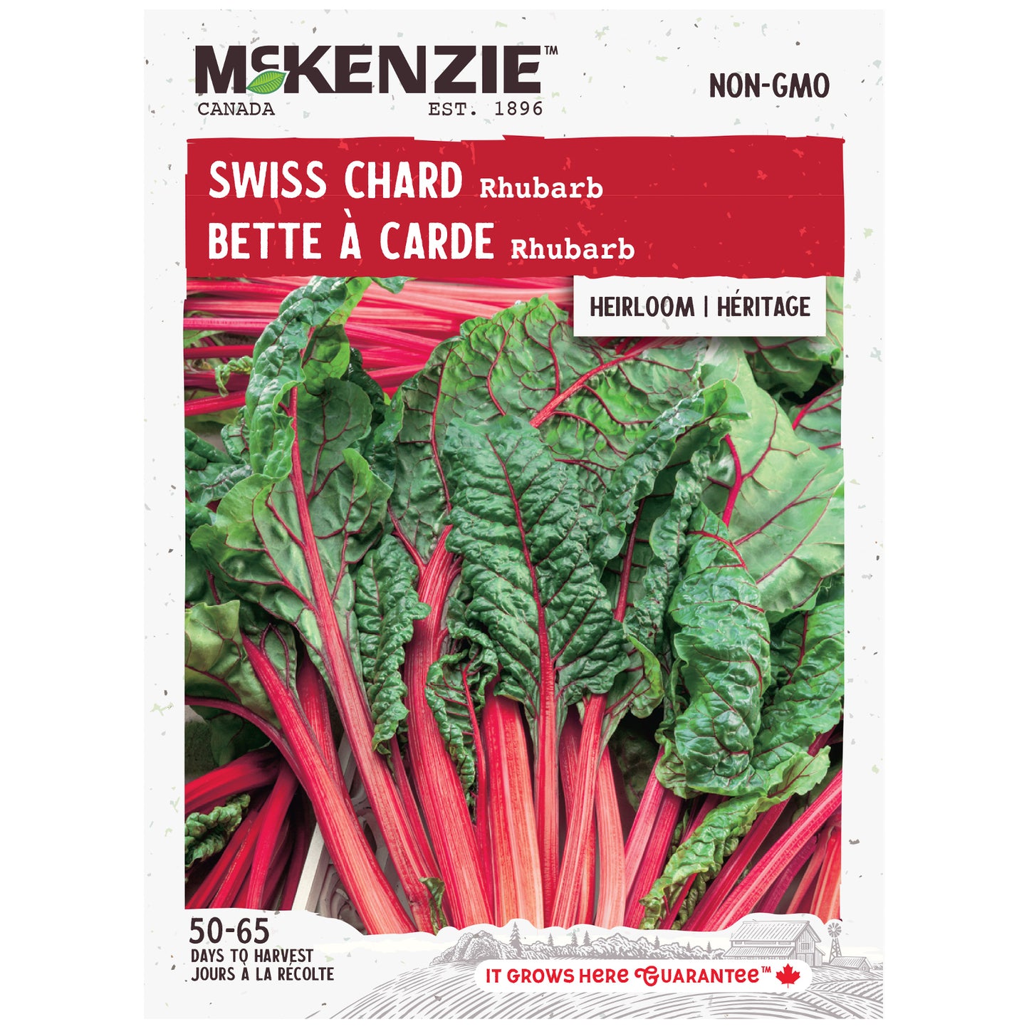 Mckenzie Swiss Chard seed packet with red stems and green leaves on a white background
