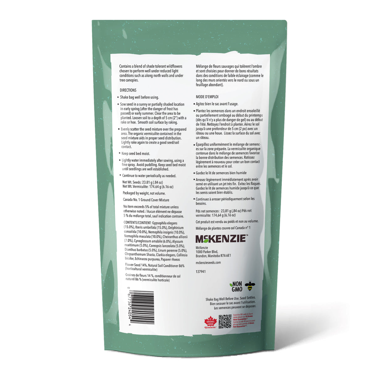 A shaker bag of McKenzie Seeds Wildflowers, with directions