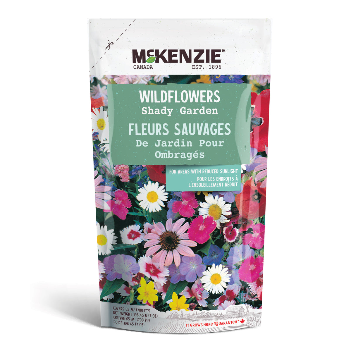 A shaker bag of McKenzie Seeds Wildflowers, with a colorful label showing various wildflowers.