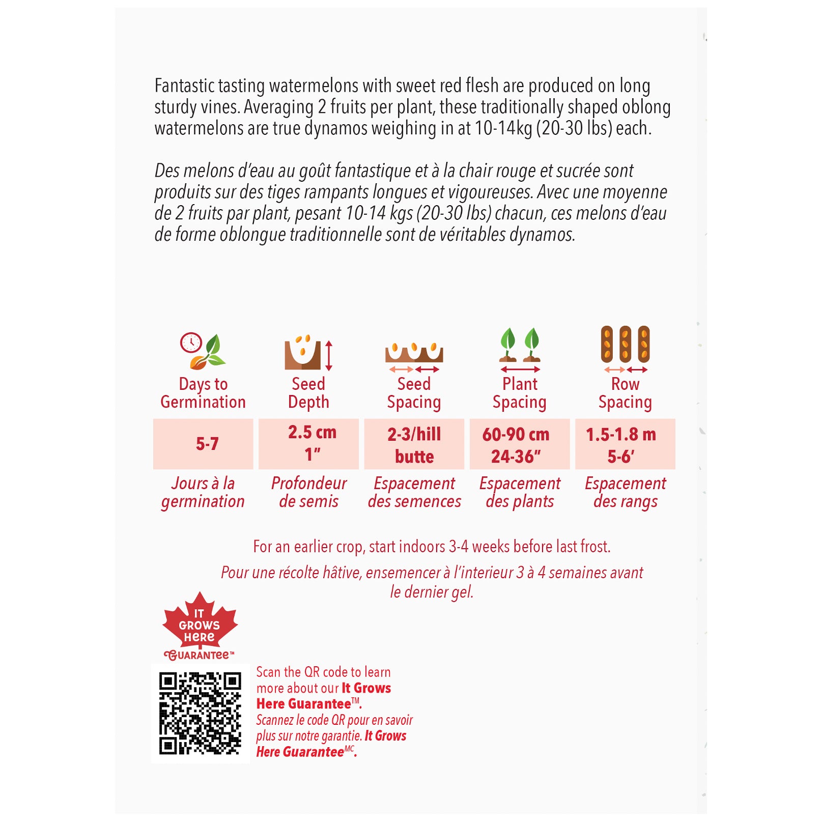 Seed packet with watermelon growing instructions and product details on a white background