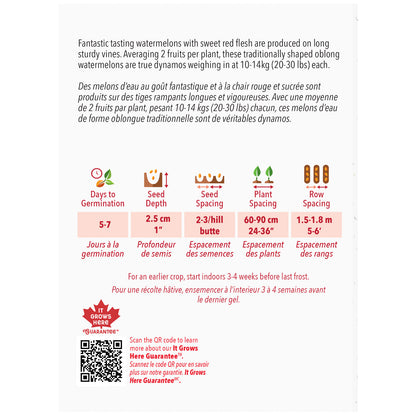 Seed packet with watermelon growing instructions and product details on a white background