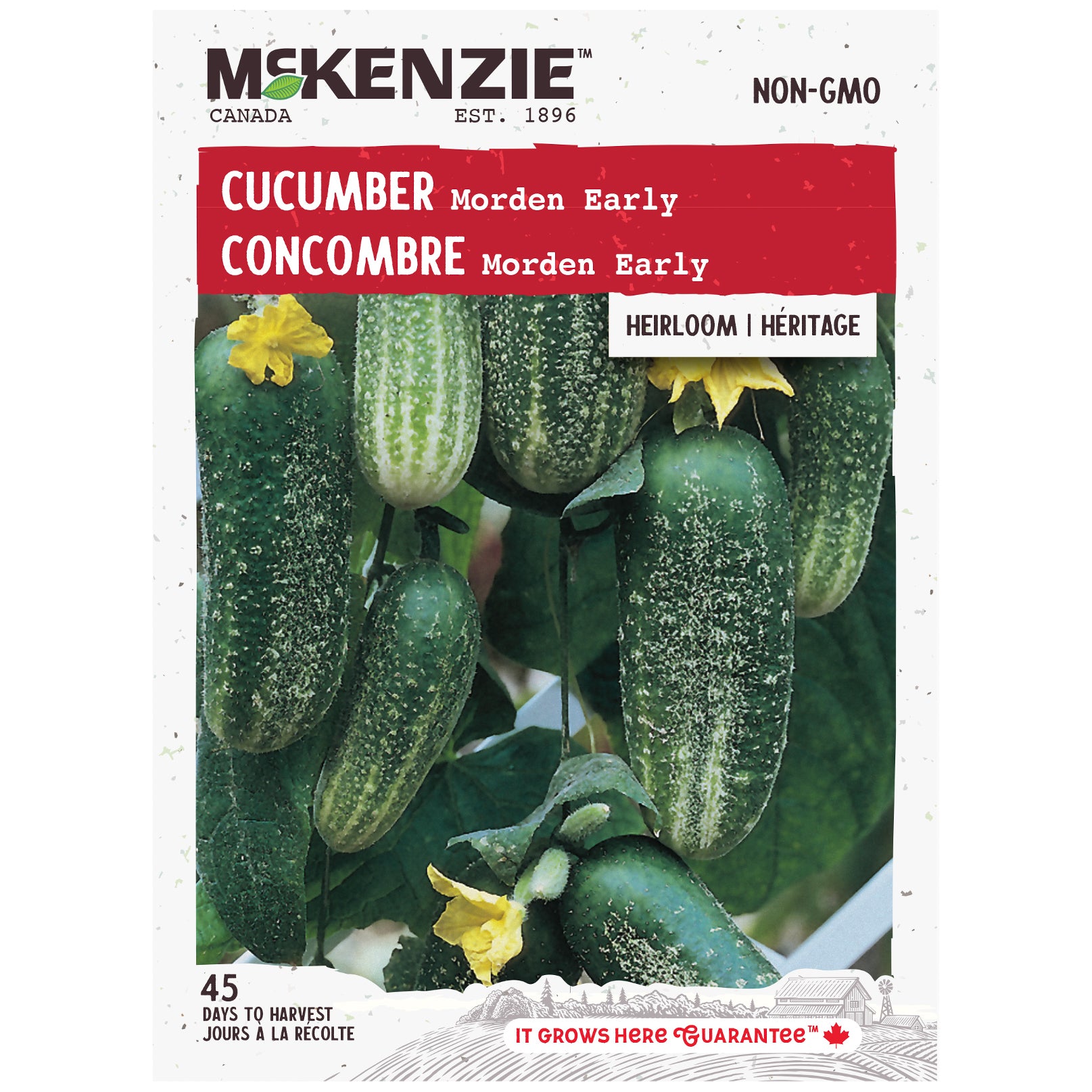 Mckenzie cucumber seed packet with images of cucumbers and flowers on a white background