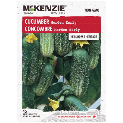 Mckenzie cucumber seed packet with images of cucumbers and flowers on a white background