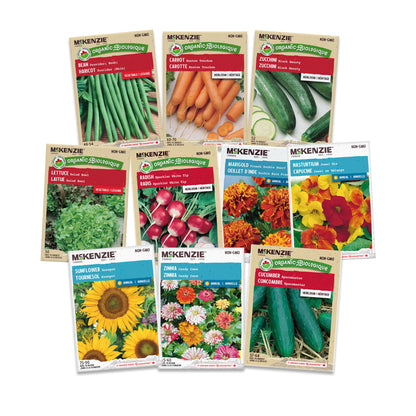 Ten McKenzie seed packets with images of various flowers and vegetables on a white background