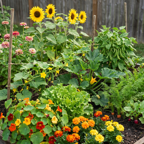 Assorted vegetables and flowers in a garden including carrots, green beans, cucumbers, radishes, lettuce, sunflowers, marigolds and nasturtiums. 