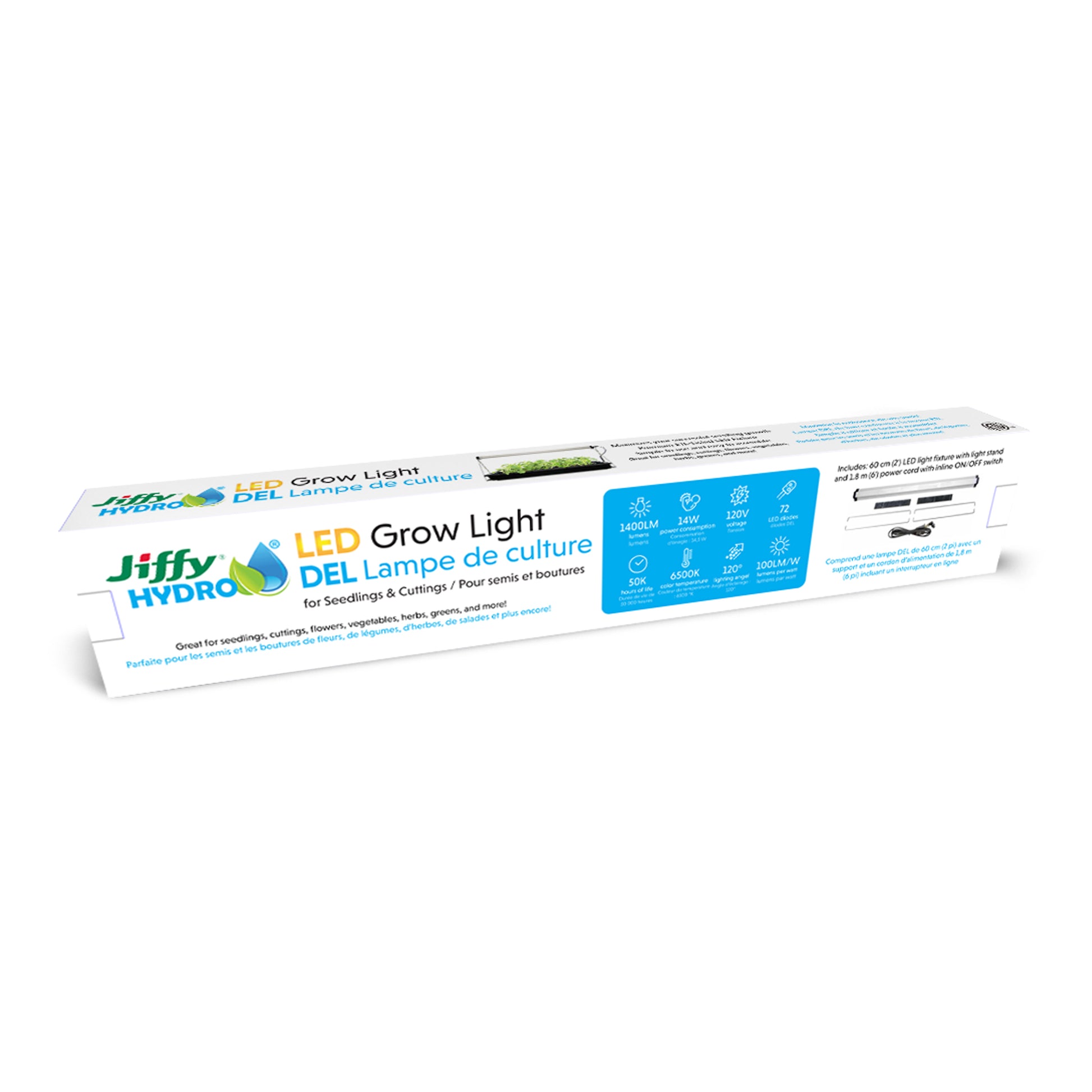 Jiffy Hydro LED Grow Light packaging on a white background