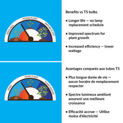 Comparison chart of benefits between T5 bulbs and another type of bulb for plant growth, with illustrations and text on a blue and white background.