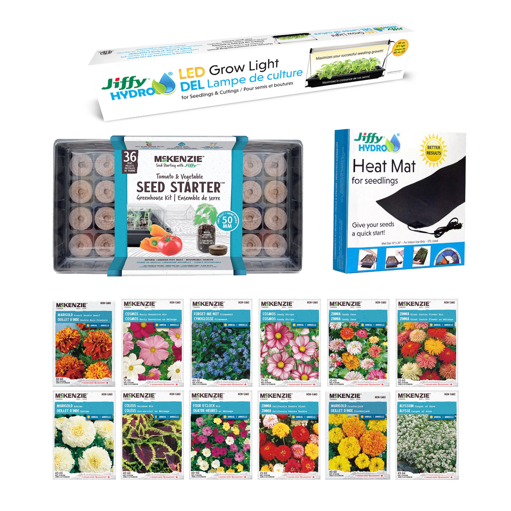 McKenzie complete indoor seed starting kit with flowers, greenhouse kit, grow light and heat mat.