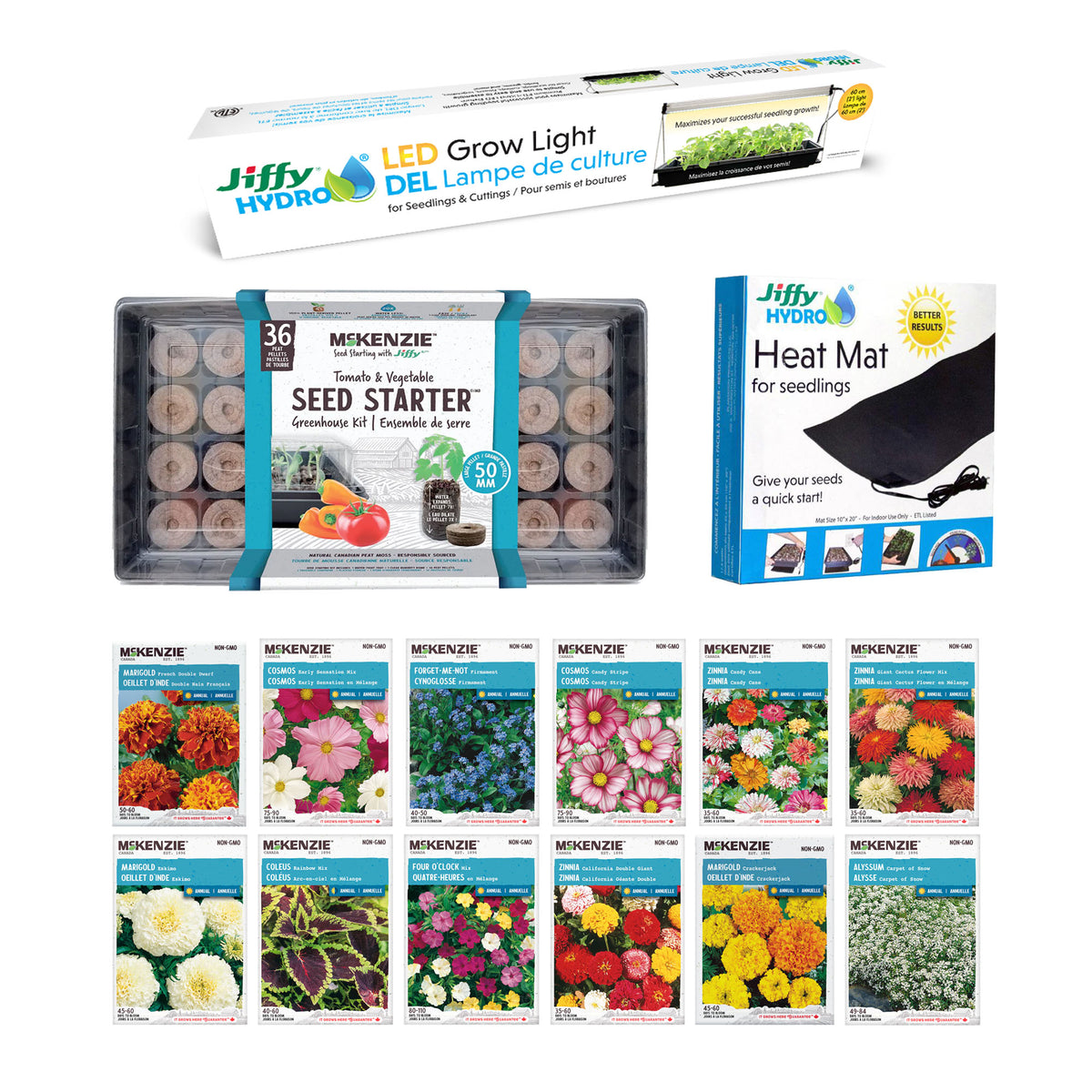 McKenzie complete indoor seed starting kit with flowers, greenhouse kit, grow light and heat mat.