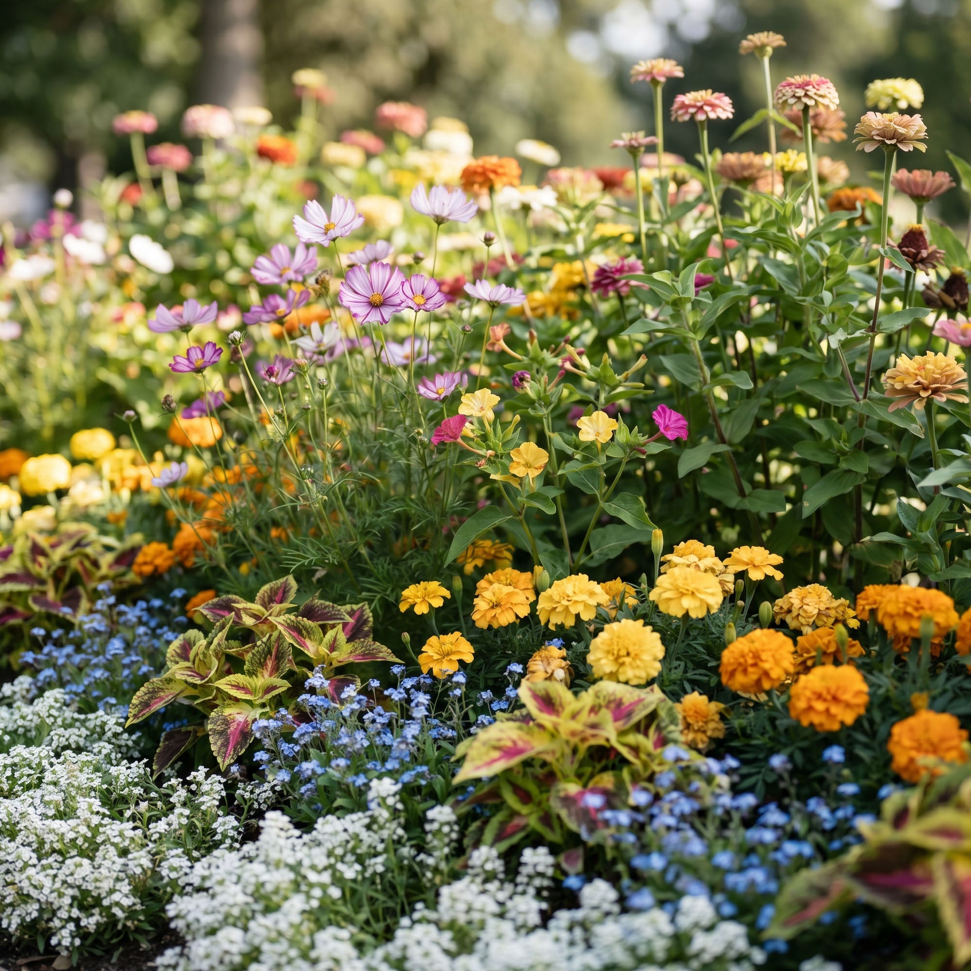 Colorful flower garden with a variety of flowers in a natural setting