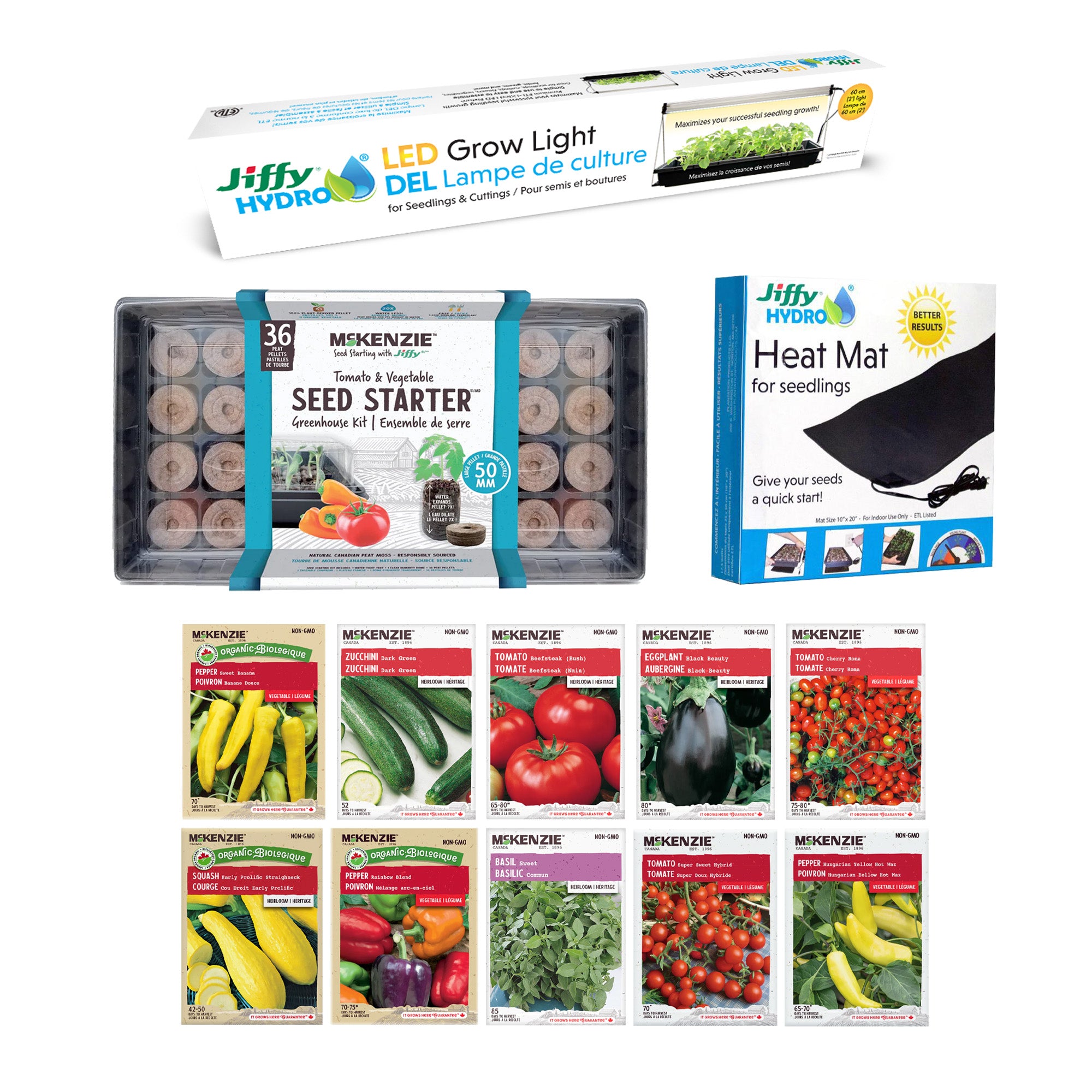 McKenzie complete indoor seed starting kit with vegetables, greenhouse kit, grow light and heat mat.
