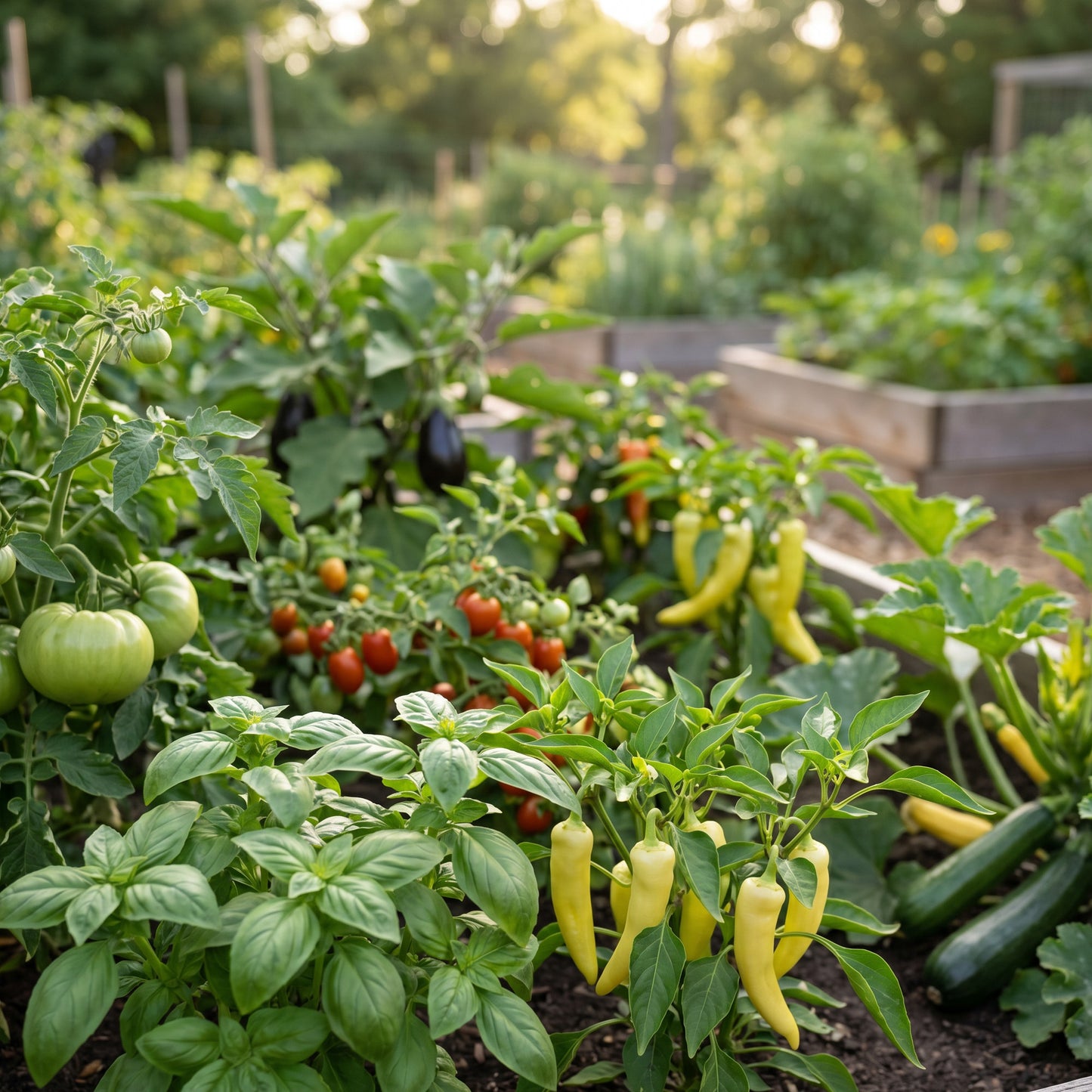 Vegetable garden in full bloom Tomatoes, peppers, eggplants, squash and basil growing in garden beds.