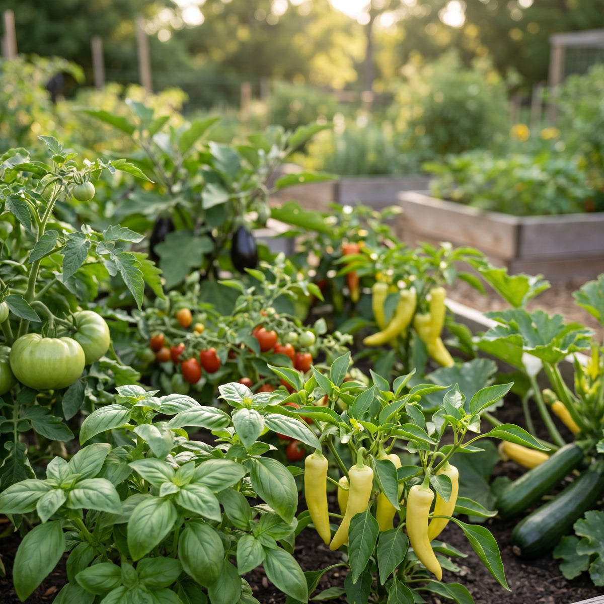 Vegetable garden in full bloom Tomatoes, peppers, eggplants, squash and basil growing in garden beds.