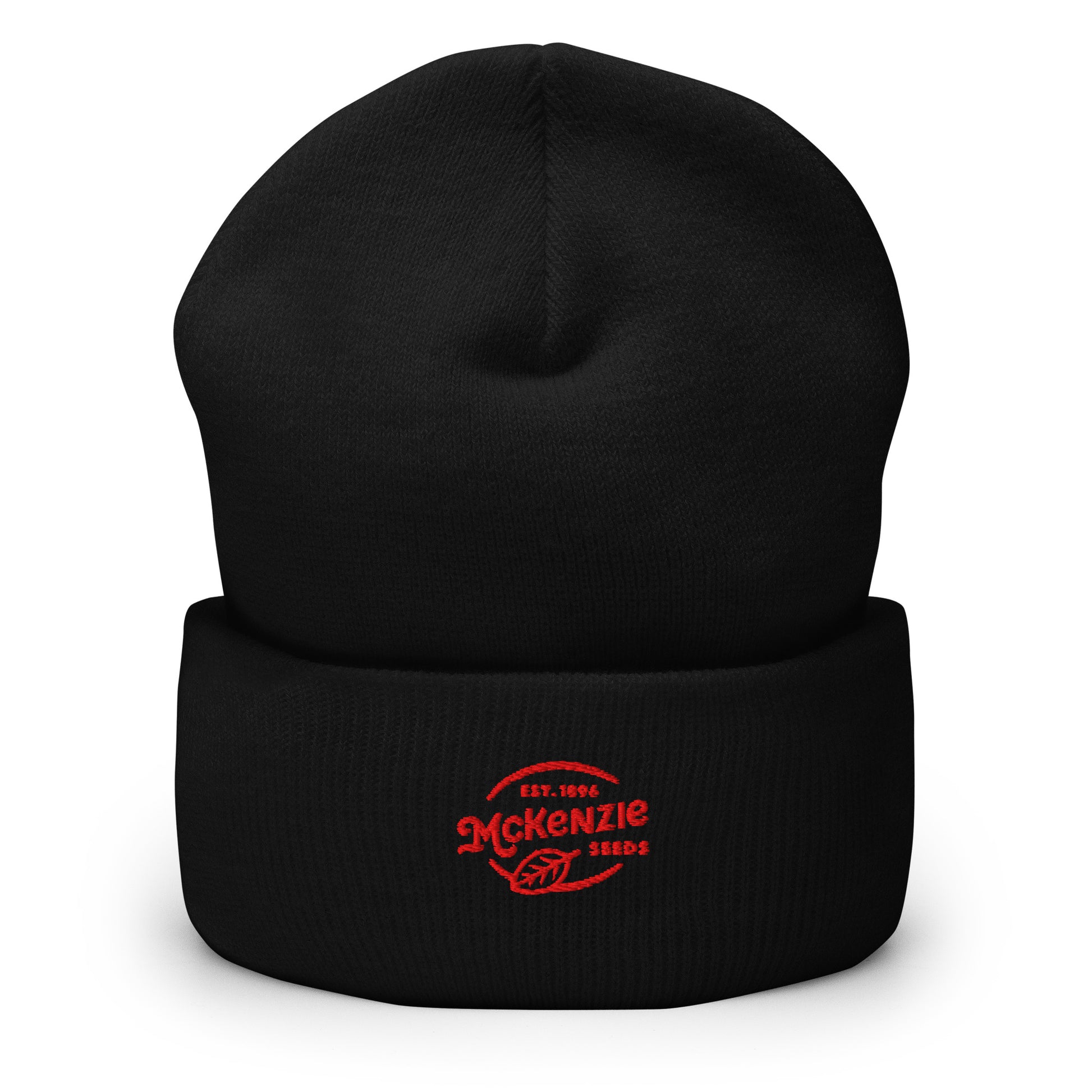 Black beanie with a red logo on a white background