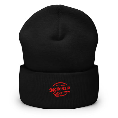 Black beanie with a red logo on a white background