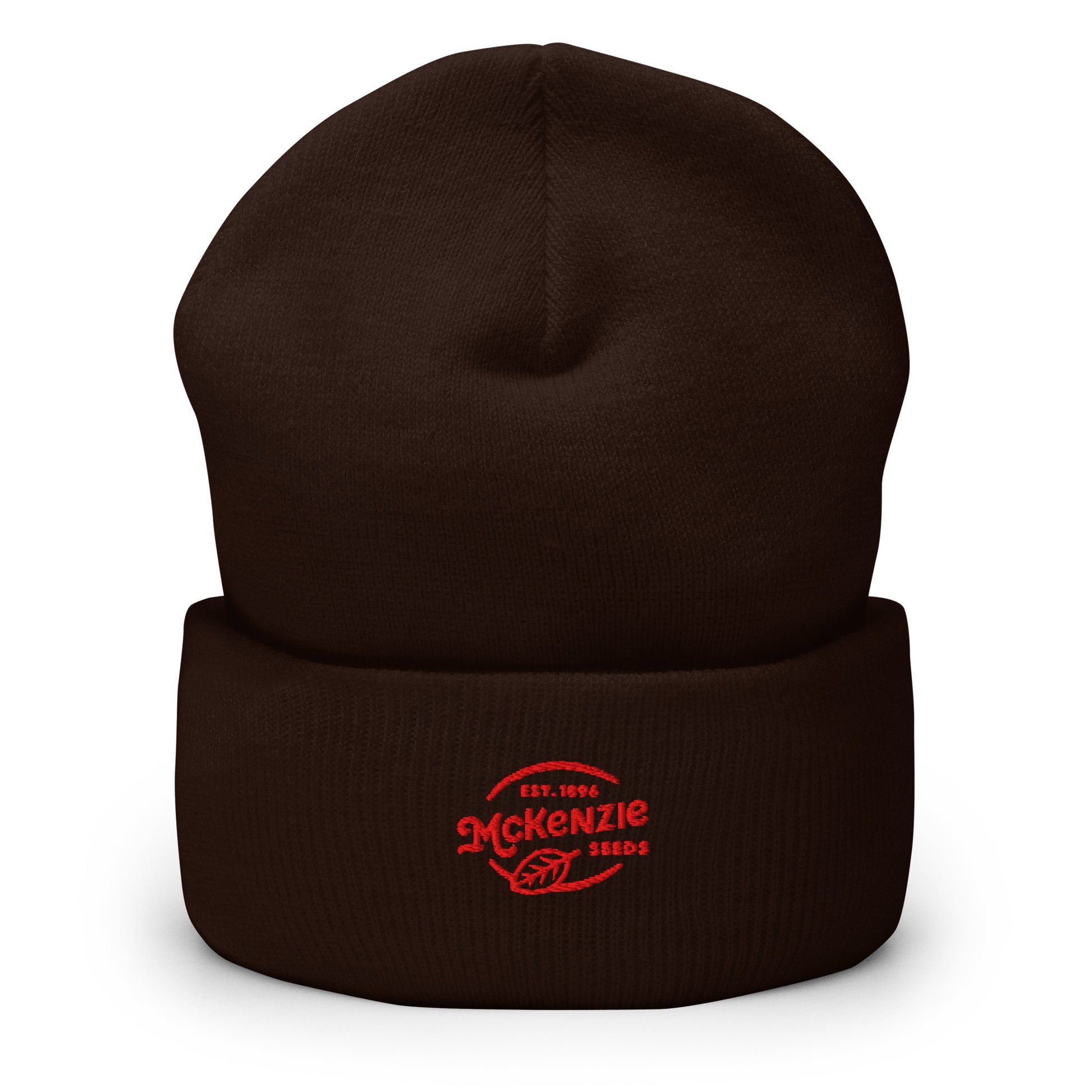 Brown beanie with red symbol on a white background