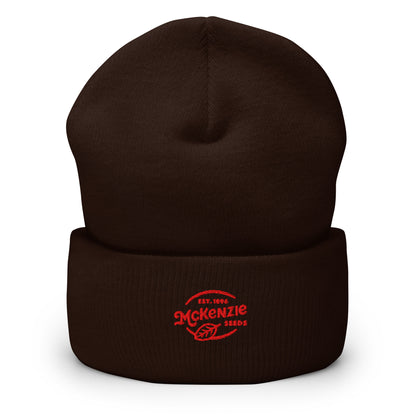 Brown beanie with red symbol on a white background