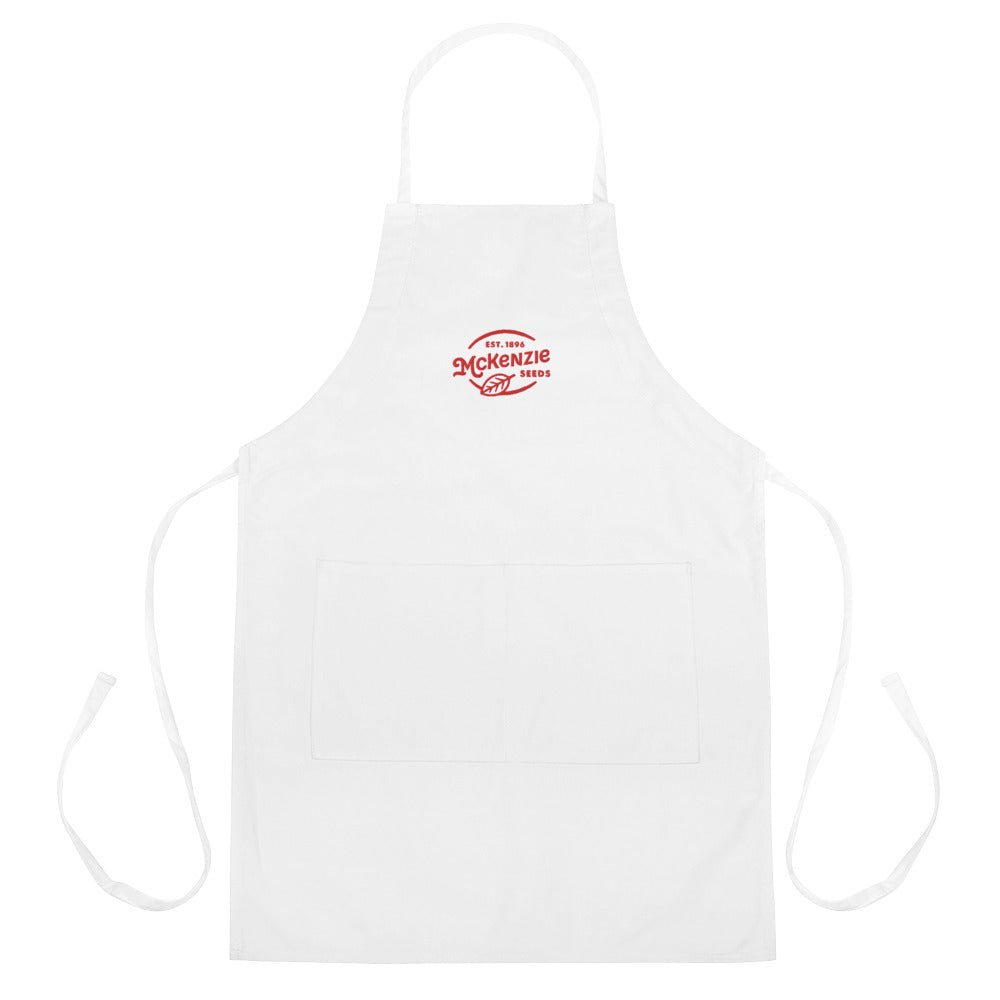 White apron with red logo on a white background