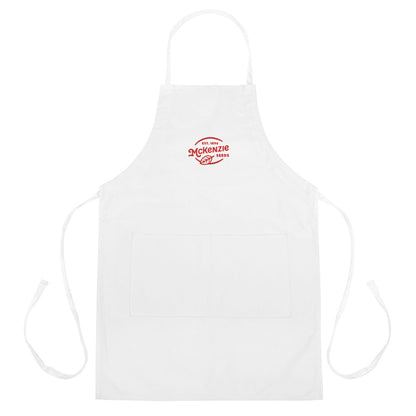 White apron with red logo on a white background