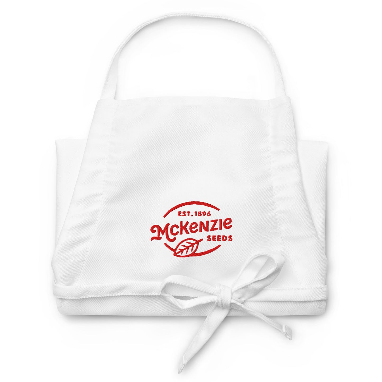 White apron with red logo on a white background