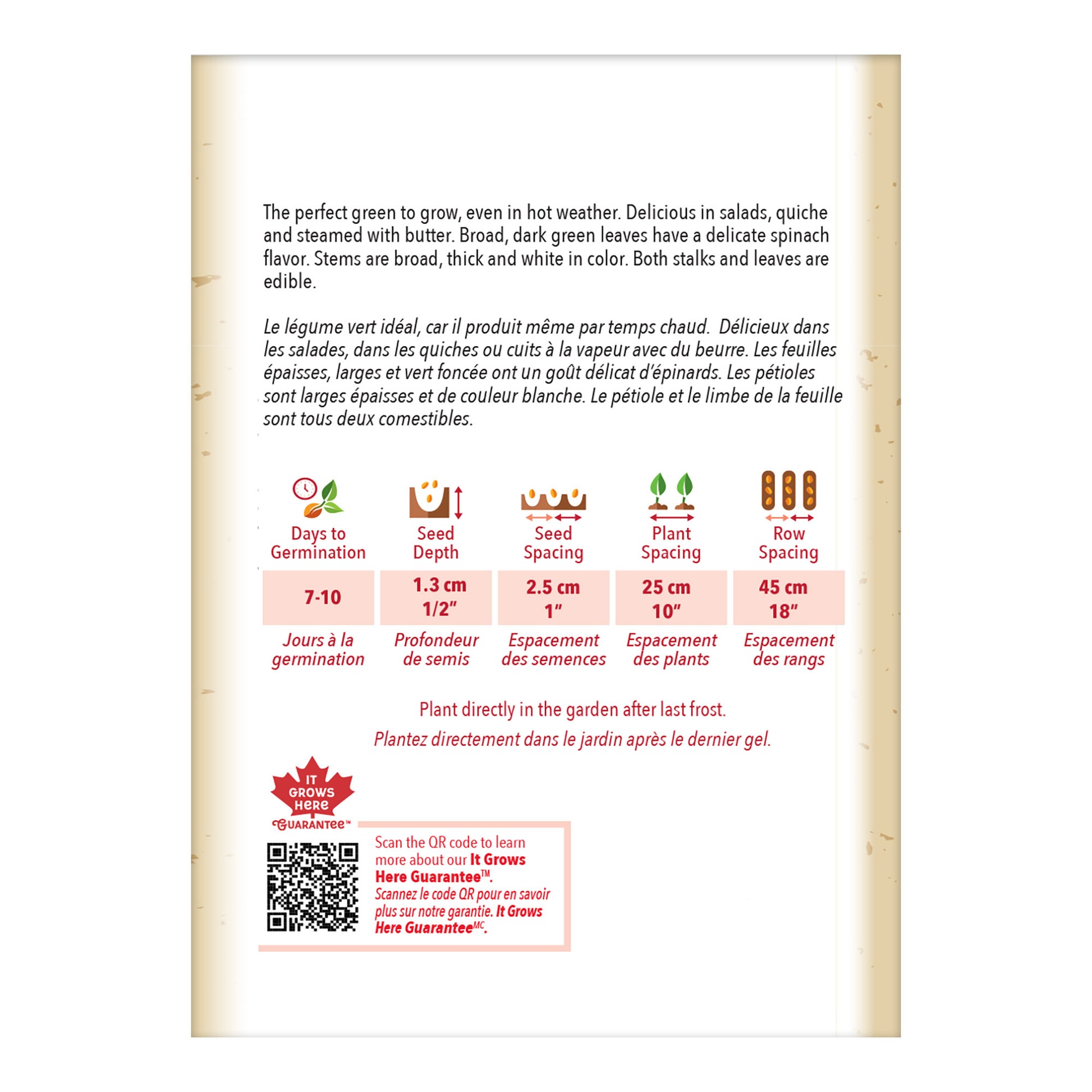 Seed packet with gardening instructions and product details on a white background