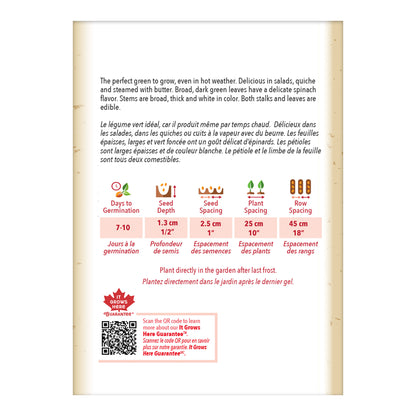 Seed packet with gardening instructions and product details on a white background