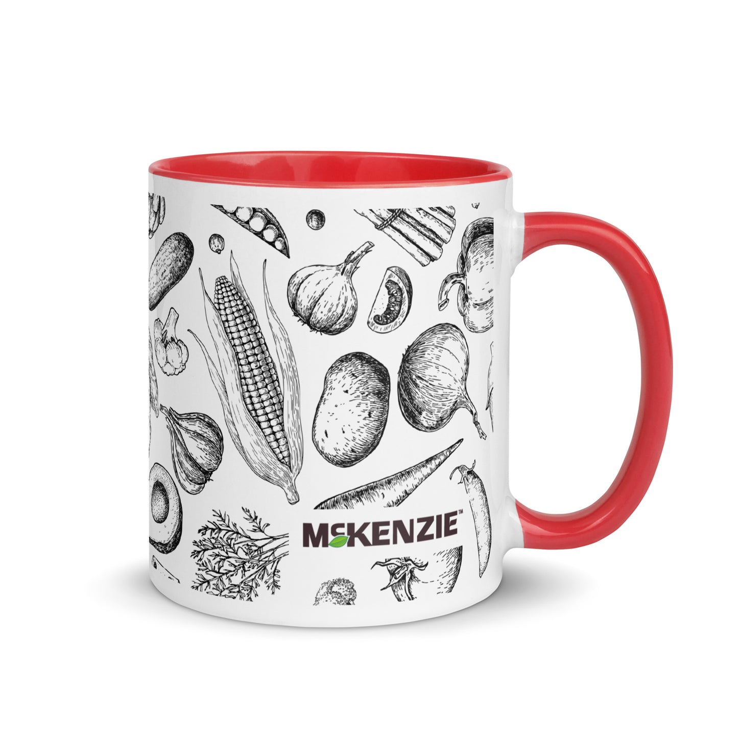 Mug with red interior and handle featuring black illustrations of vegetables and the brand 'Mckenzie'.