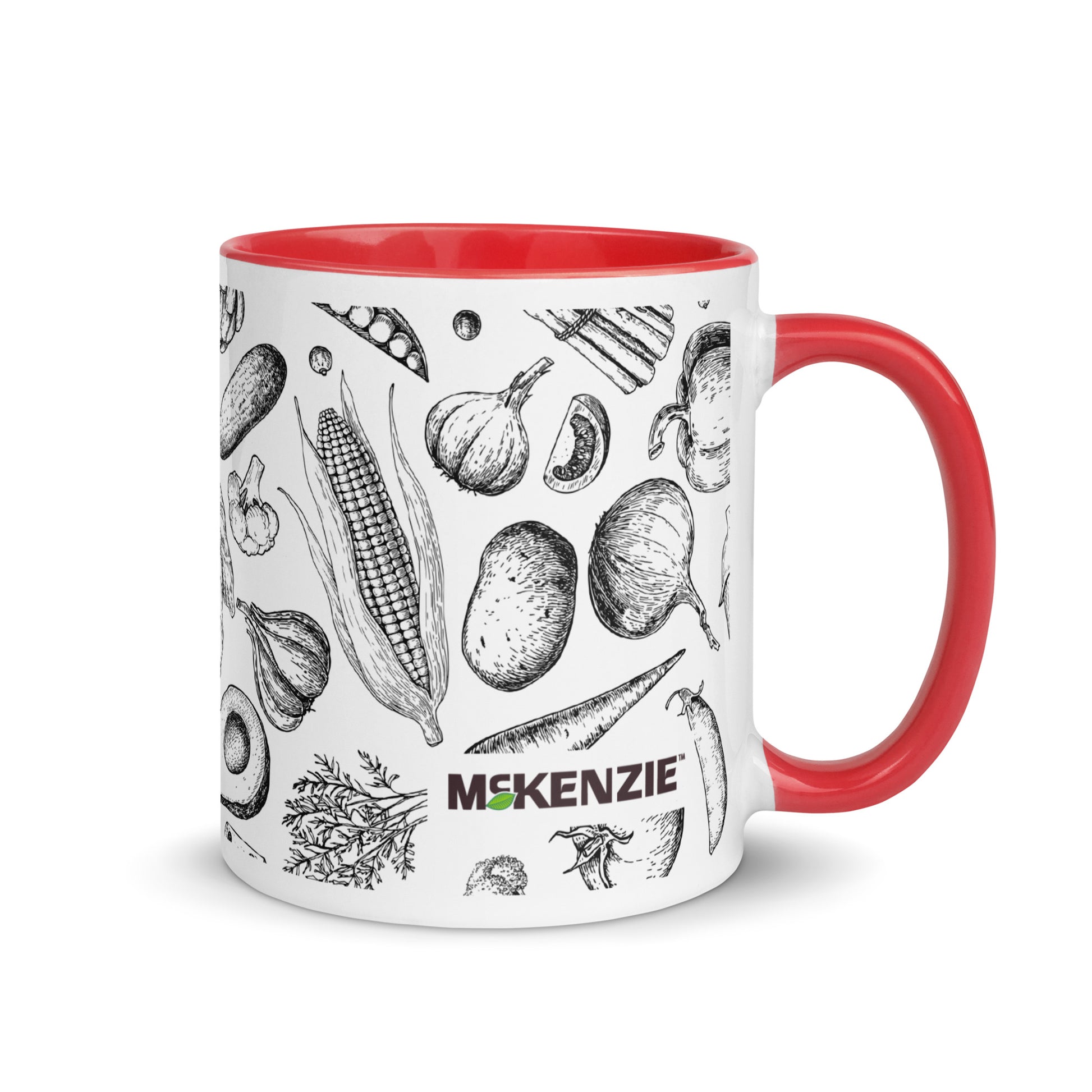 Mug with red interior and handle featuring black illustrations of vegetables and the brand 'Mckenzie'.