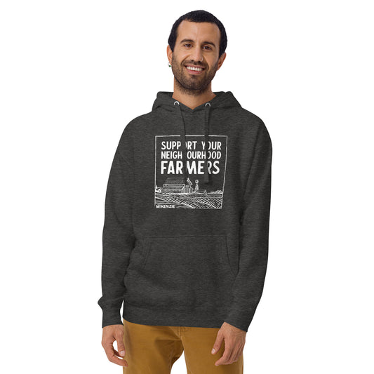 Man wearing a dark gray hoodie with text and graphic design on a white background