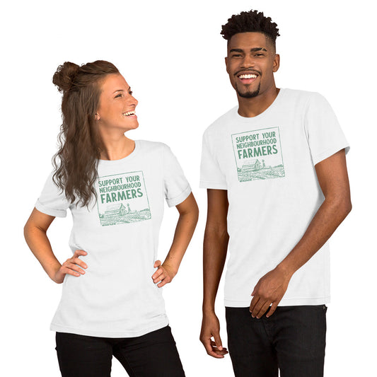 Two people wearing white t-shirts with 'Support Your Neighbourhood Farmers' text and graphic.