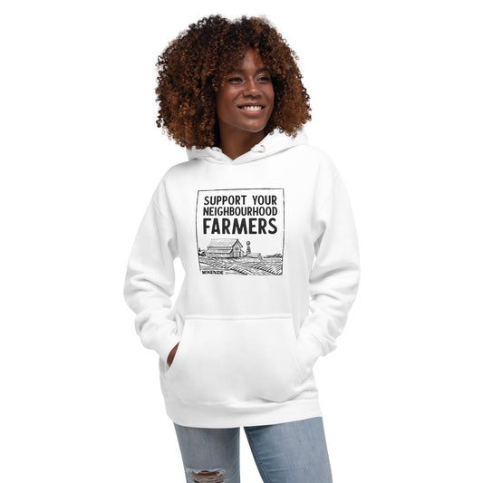 Person wearing a white hoodie with 'Support Your Neighbourhood Farmers' text and graphic on a white background