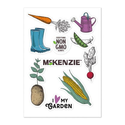 Set of garden-themed stickers with vegetables, boots, and a watering can on a white background.