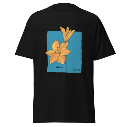 Black t-shirt with orange floral design on a blue square background