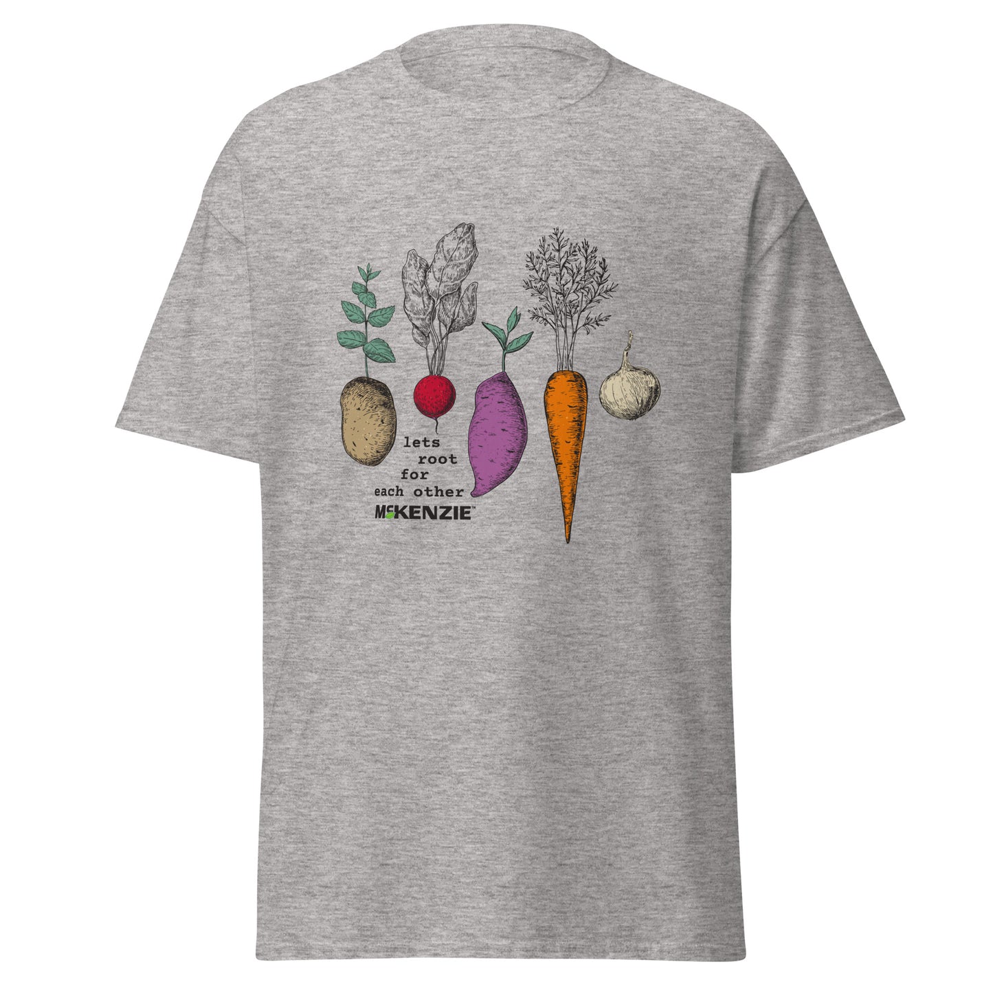 Gray t-shirt with vegetable graphic and text on a white background