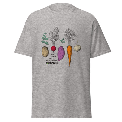Gray t-shirt with vegetable graphic and text on a white background
