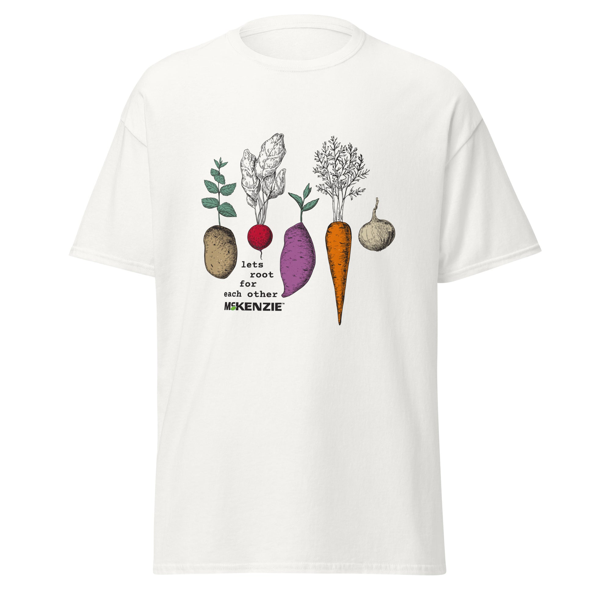 White t-shirt with colorful vegetable graphic and text on a white background