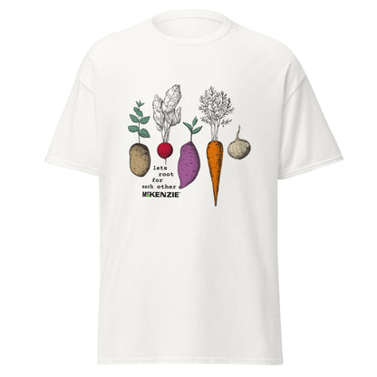 White t-shirt with colorful vegetable graphic and text on a white background