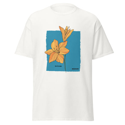 White t-shirt with a blue square featuring an orange flower design on a white background