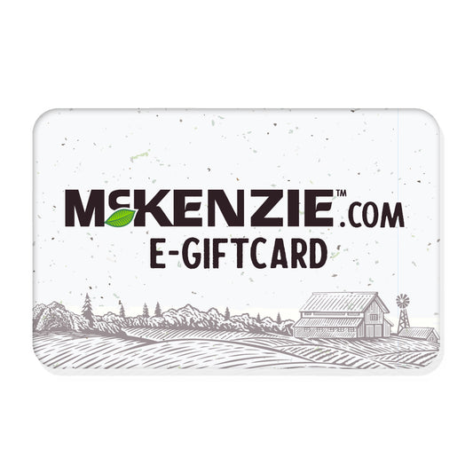 An electronic gift card from McKenzie Seeds featuring a black and white illustration of a field and farmhouse.