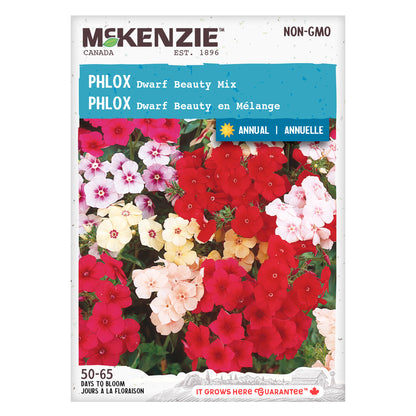 Front of McKenzie Seeds phlox seed packet showing variety name and brand logo