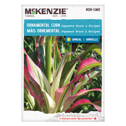 Front of McKenzie Seeds ornamental corn seed packet showing variety name and brand logo