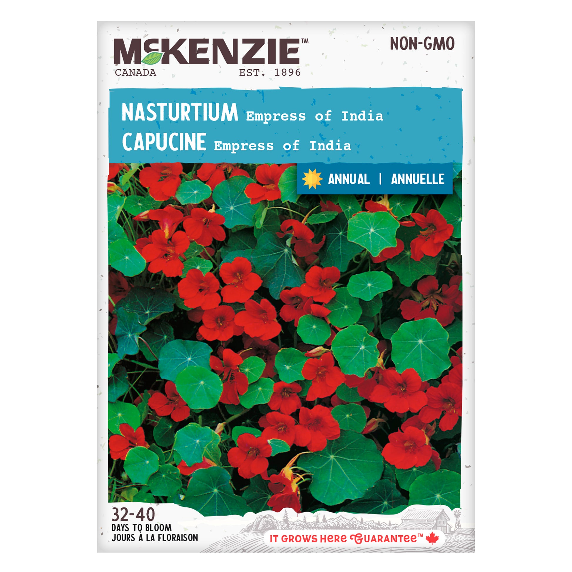 Front of McKenzie Seeds Nasturtium seed packet showing brand logo