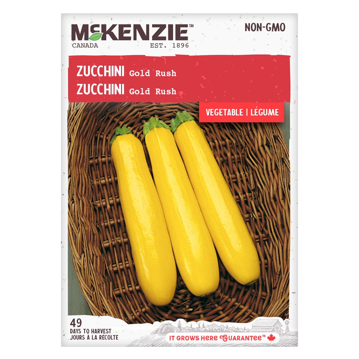 Front of McKenzie Seeds zucchini seed packet showing zucchini variety name and brand logo