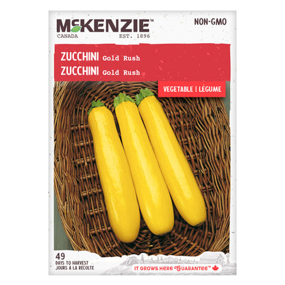 Front of McKenzie Seeds zucchini seed packet showing zucchini variety name and brand logo