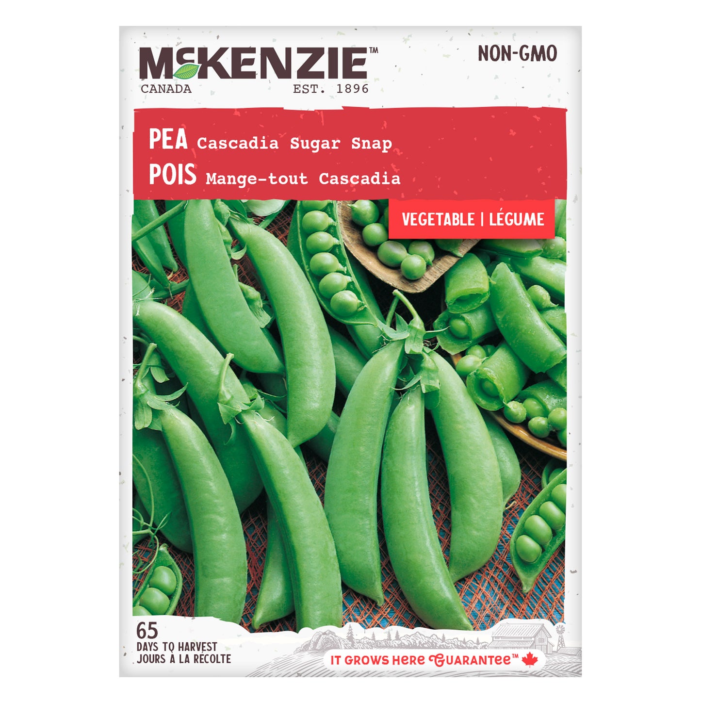 Front of McKenzie Seeds pea seed packet showing variety name and brand logo