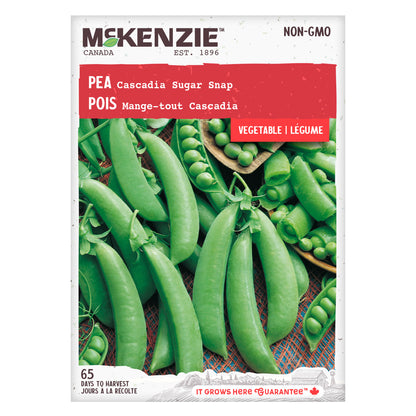 Front of McKenzie Seeds pea seed packet showing variety name and brand logo