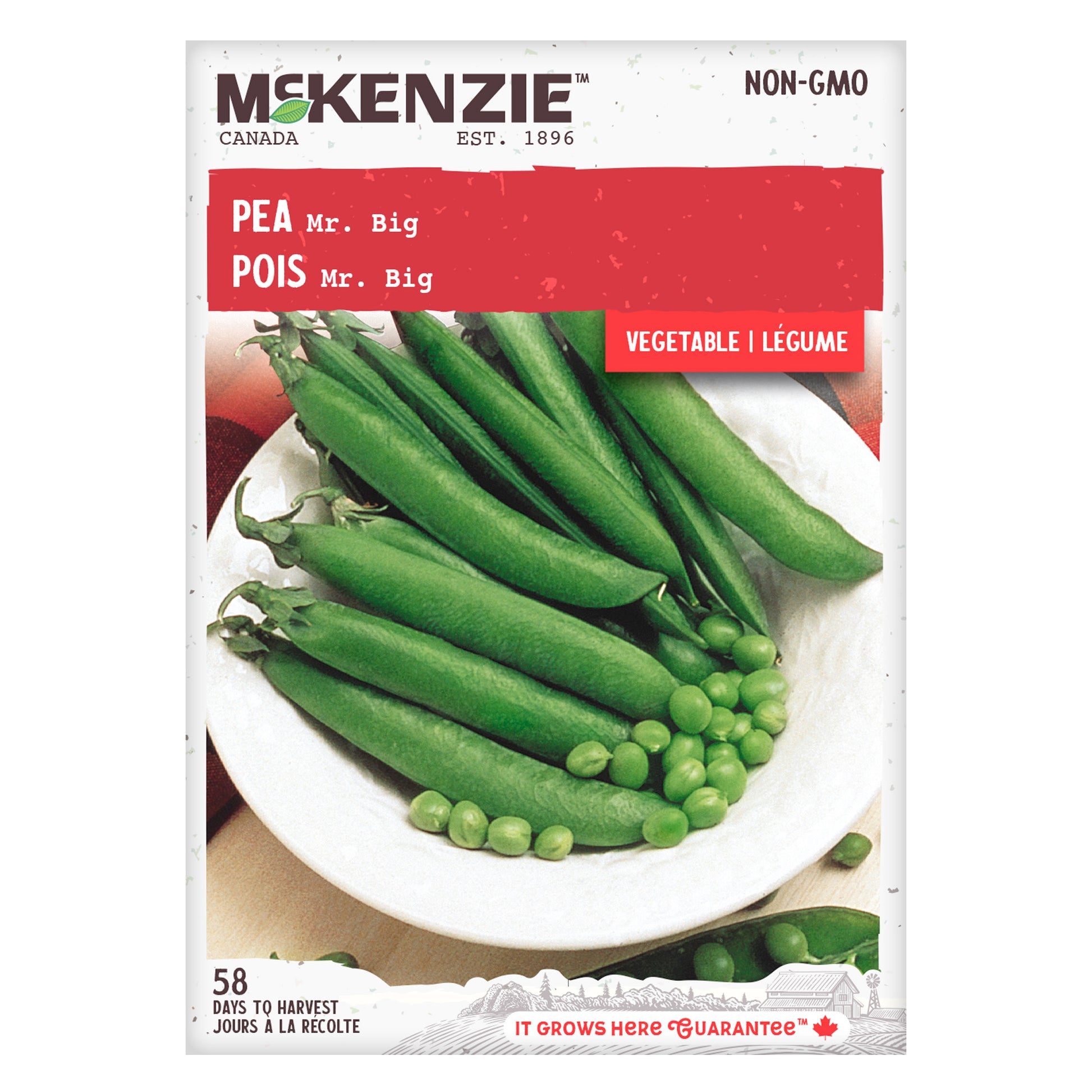 Front of McKenzie Seeds Pea packet showing image of green pea pods