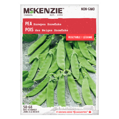 Front of McKenzie Seeds pea seed packet showing variety name and brand logo